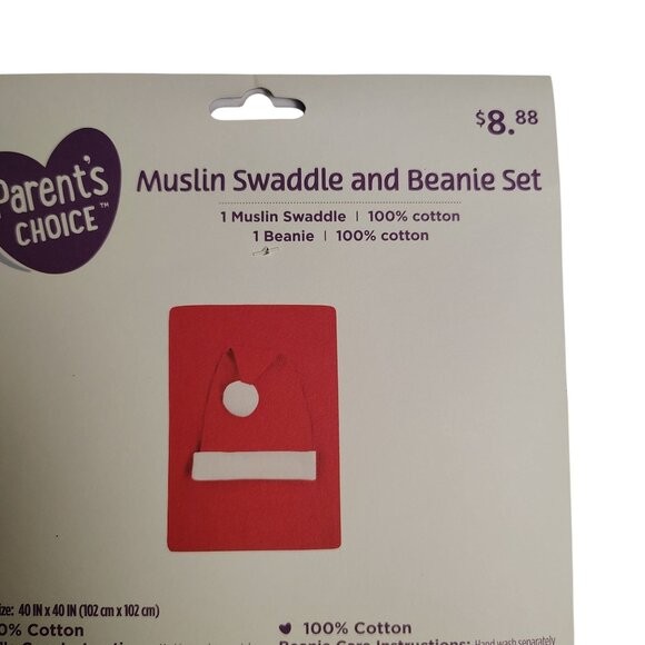 Parents Choice Muslin Swaddle and Beanie Red Cotton Infant Newborn Santa Set - Picture 6 of 6